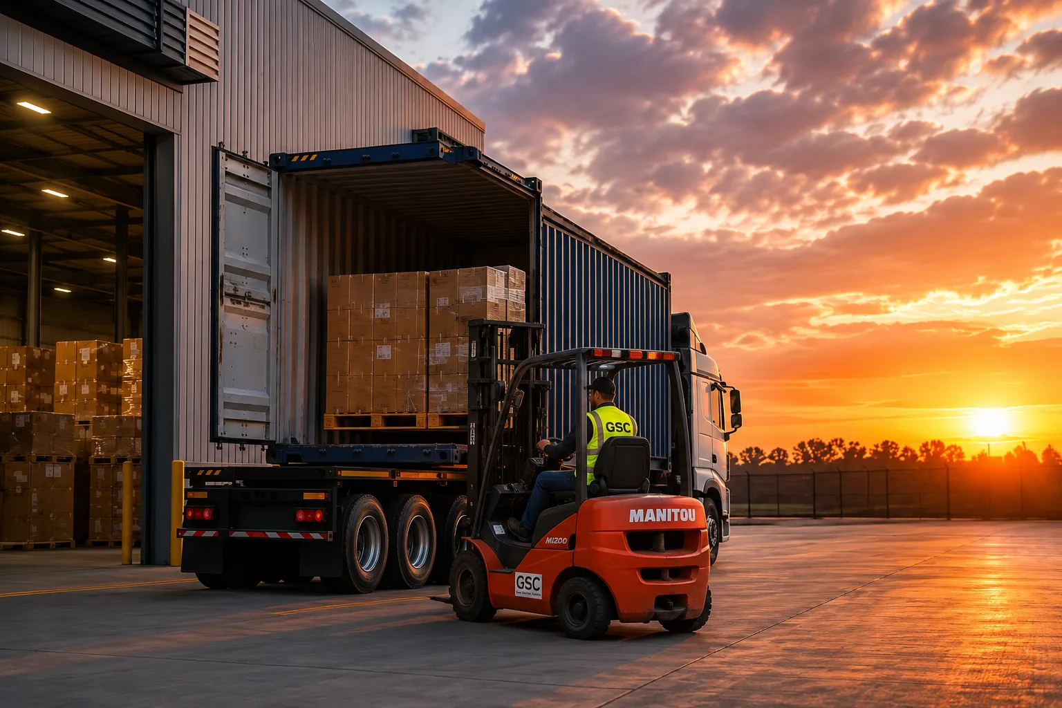 GSC forklift loading a container at sunset