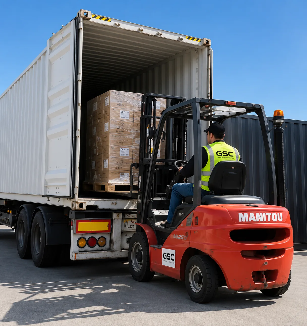 GSC forklift unloading a shipping container