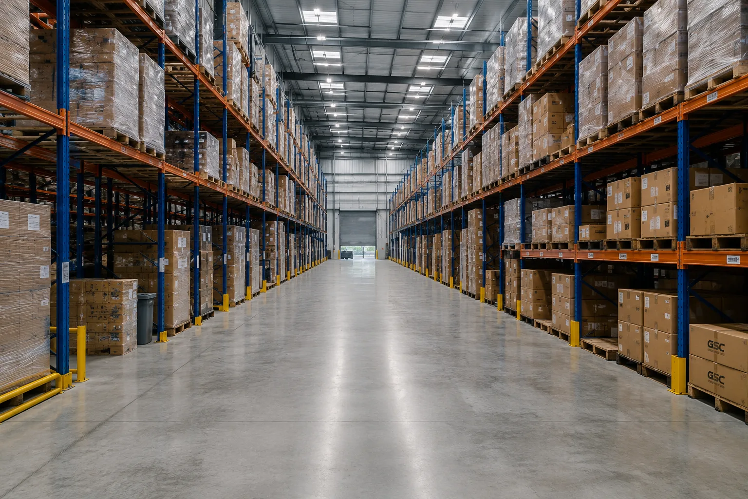 Warehouse aisle with GSC-branded palletised stock